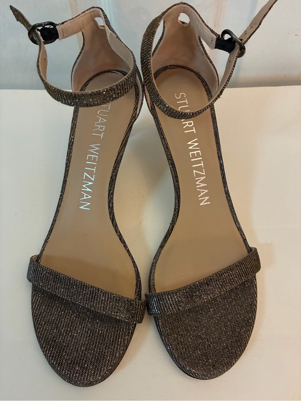 Stuart Weitzman Nudistcurve Glitter Ankle Strap Sandals Bronze Kitten Heels 6.5